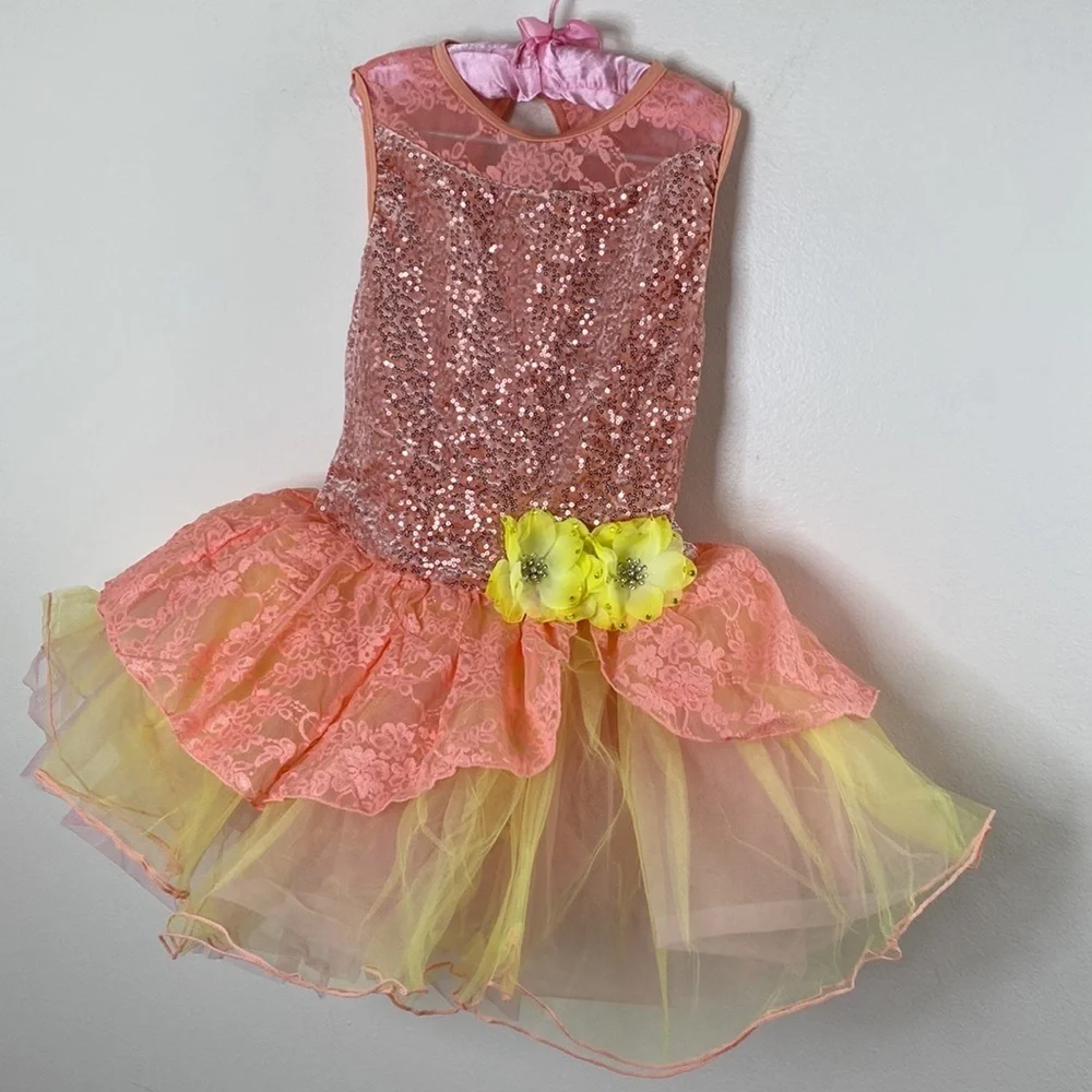 NWT Girls Sequin Lace Ballet Tutu Dress With Floral Accent Sherbet Size MC 10/12